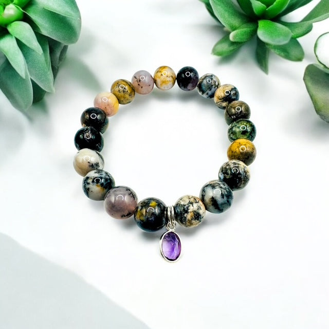 10mm Dendrite Opal with Amethyst Charm
