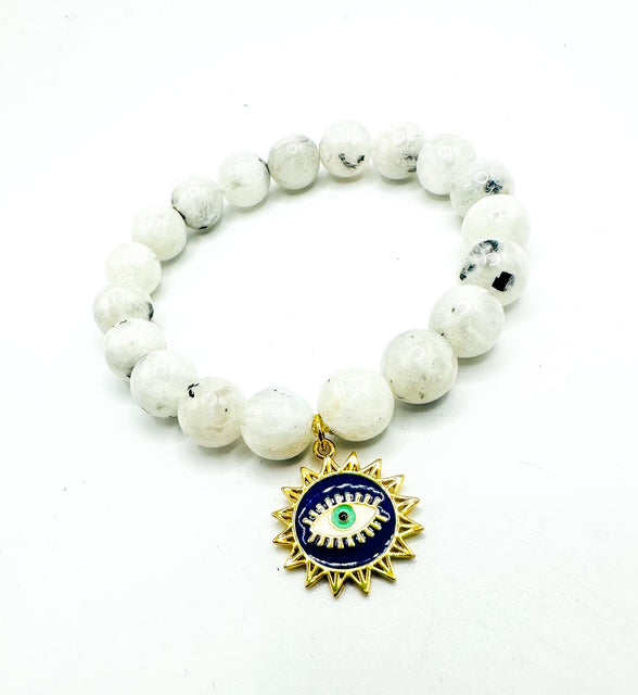 10mm Rainbow Moonstone with Evil Eye Charm