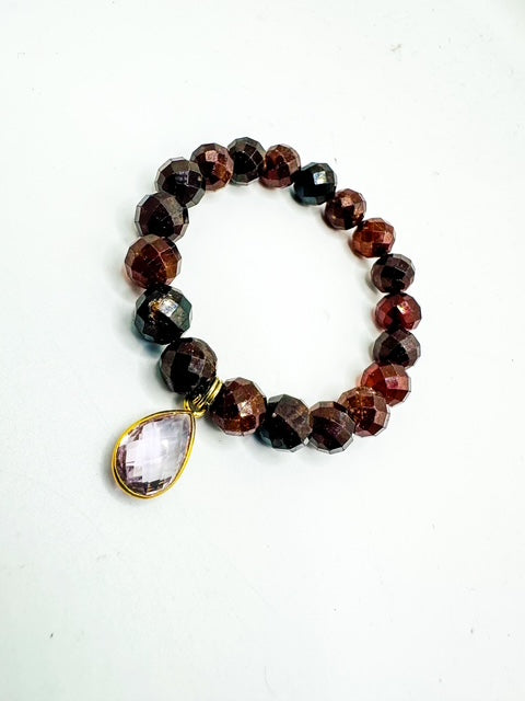 10mm Hessonite ( Faceted) Garnet with Amethyst Charm Bracelet