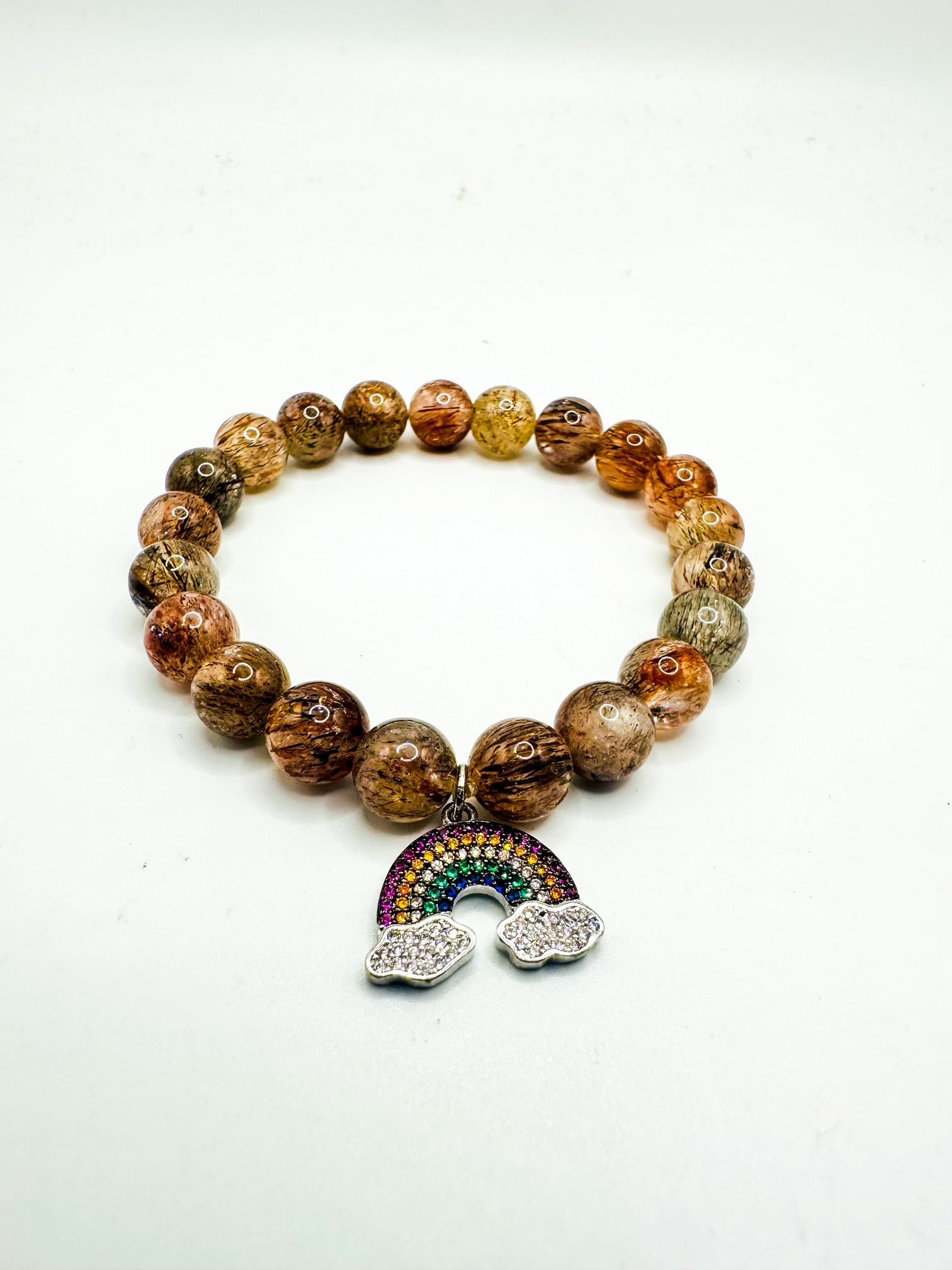 10mm Brown Rutilated Quartz with Pave Rainbow Charm Bracelet