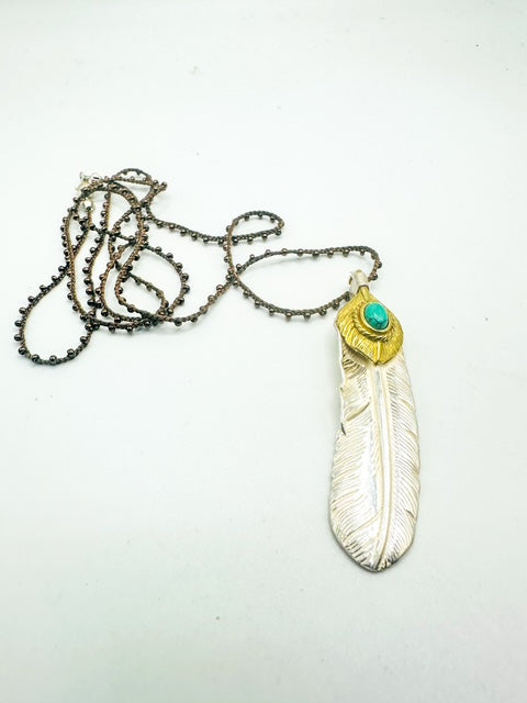 Sterling Silver / Turquoise Feather Charm with Beaded Necklace
