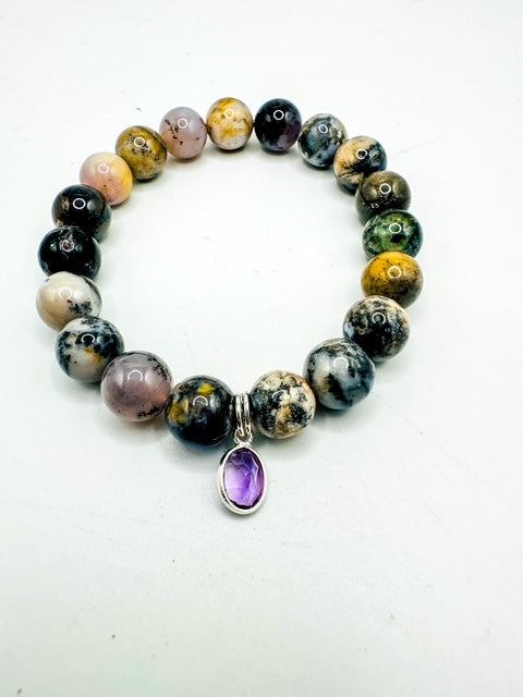 10mm Dendrite Opal with Amethyst Charm