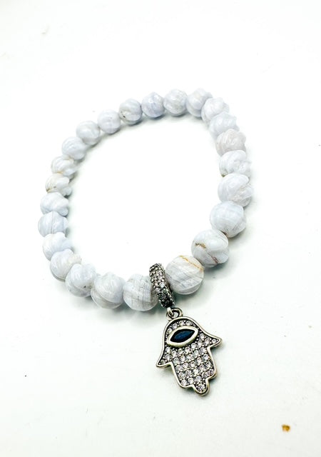 8mm Blue Lace Agate ( Cable Carved) with Pave Evil Eye Hamsa