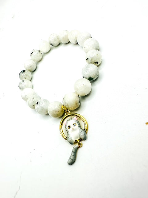 10mm Rainbow Moonstone with Hanging Cat Charm