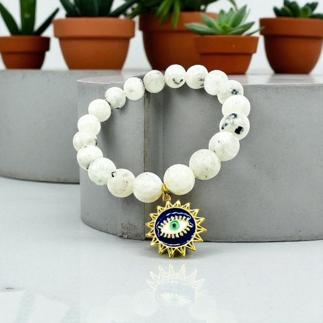 10mm Rainbow Moonstone with Evil Eye Charm