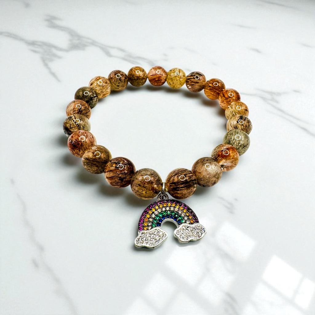 10mm Brown Rutilated Quartz with Pave Rainbow Charm Bracelet