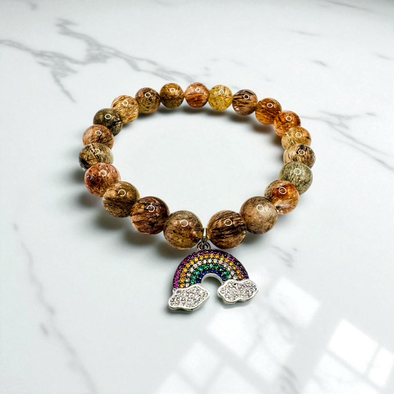 10mm Brown Rutilated Quartz with Pave Rainbow Charm Bracelet