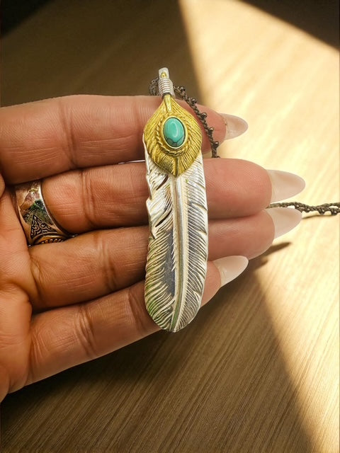 Sterling Silver / Turquoise Feather Charm with Beaded Necklace