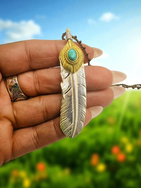 Sterling Silver / Turquoise Feather Charm with Beaded Necklace