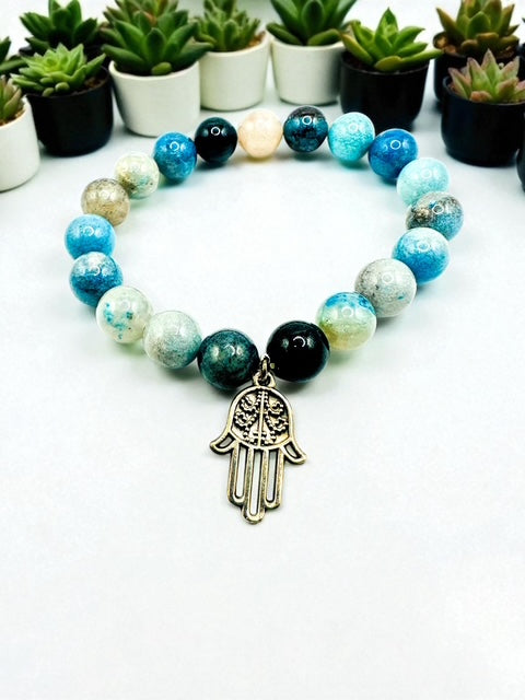 10mm Trolleite Gemstone Bracelet with Sterling Hamsa Charm
