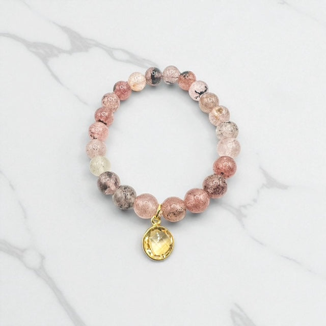 8mm Strawberry Quartz with Citrine Gemstone Charm