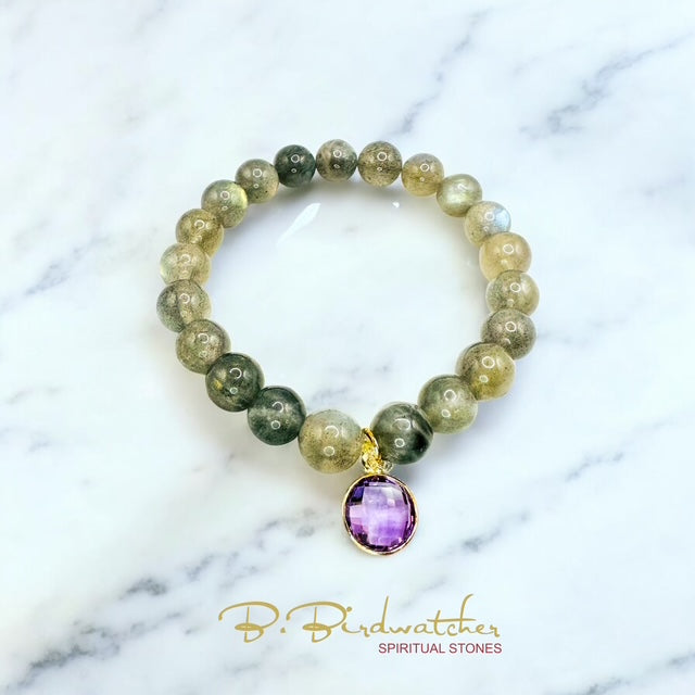 9mm Labradorite with Amethyst Pendant Charm - Grade AAA
