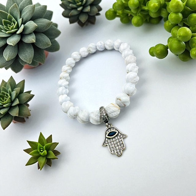8mm Blue Lace Agate ( Cable Carved) with Pave Evil Eye Hamsa