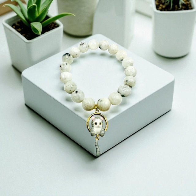 10mm Rainbow Moonstone with Hanging Cat Charm