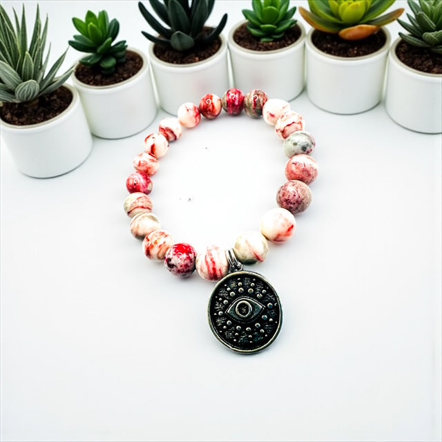10mm Cinnabrite ( Cinnabar ) with Evil Eye Charm Bracelet