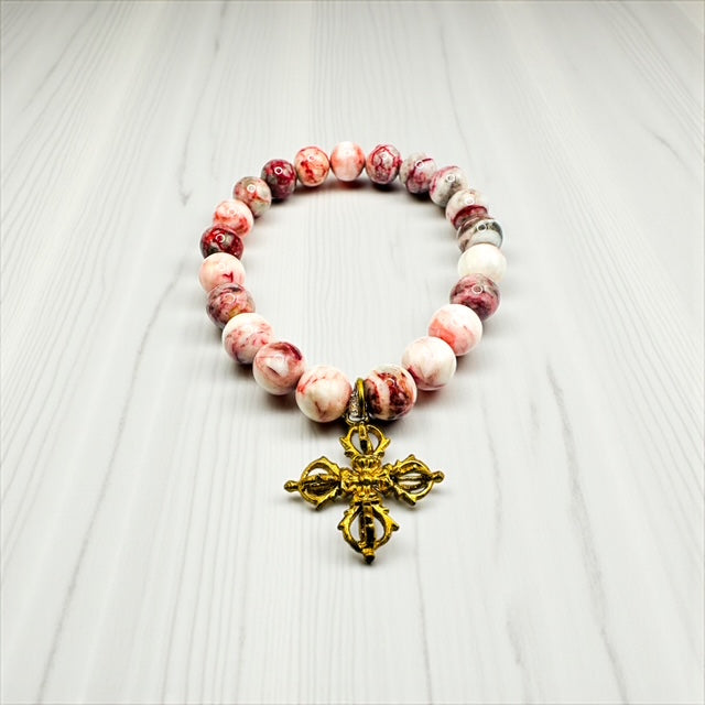 10mm Cinnabrite with Brass Double Vajra Charm