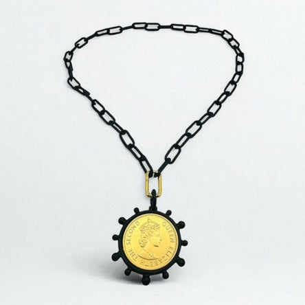 Black Resin Paperclip with Goldtone Replica Queen Elizabeth The Second Coin Necklace